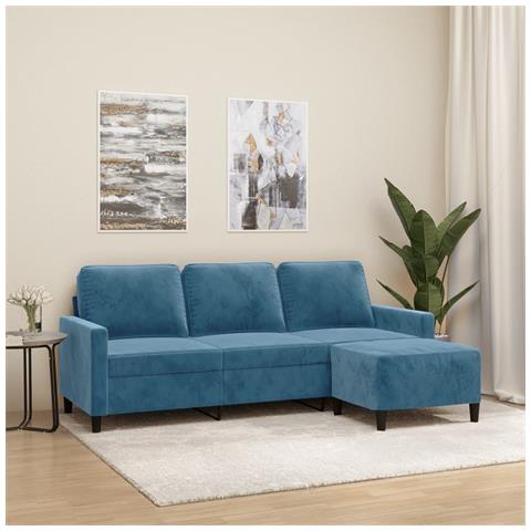 Divano a 3 Posti con Poggiapiedi Blu 180 cm in Velluto - Foto 2