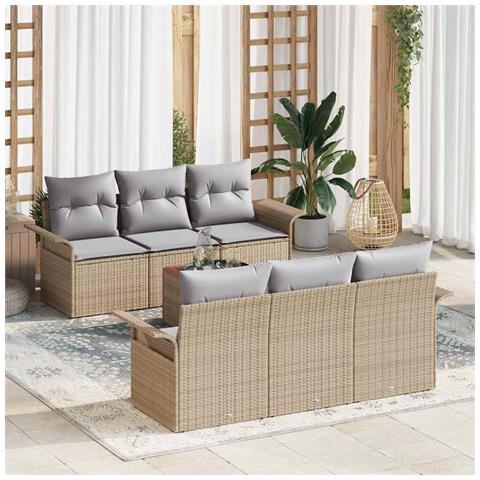 Set di divani da giardino 7 pezzi con cuscini beige in polyrattan e acacia, Divano da giardino 2 posti con spazio di stoccaggio e cuscini beige in polyrattan - Foto 2