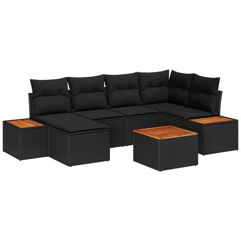 Set di divani da giardino in 7 pezzi con cuscini neri in polyrattan e acacia - Foto 1