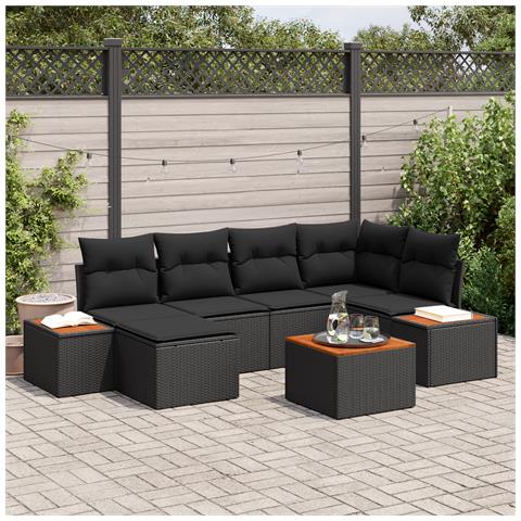 Set di divani da giardino in 7 pezzi con cuscini neri in polyrattan e acacia - Foto 2