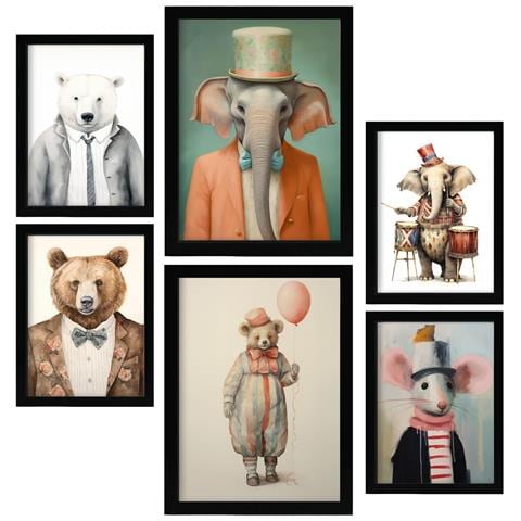 Set Di 6 Stampe Animali Da Circo All'asilo: Dipinti Decorativi Estetici Per Il Tuo Soggiorno, Camera Da Letto E Casa A3 & A4 Cornice Nera - Foto 1