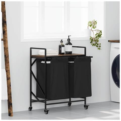 Cesto Portabiancheria 2 Scomparti con Ruote Rovere Fumo - Foto 2