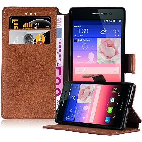 Custodia Compatibile Con Huawei P7 In Opaco Marrone - Coperchio Protettivo Con Funzione Stand E Tasca Per Le Carte Di Credito Con Design Retrò - Foto 1