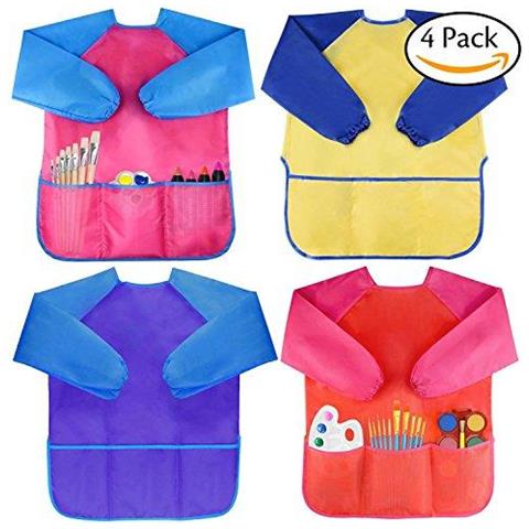 4 Pezzi Art Kids Grembiuli Artista Bambini Impermeabili Del Dipinto Smocks Con Manica Lunga 3 Tasche Per Et 2-8 Anni (yellow Pink Blue Red)  - Foto 1