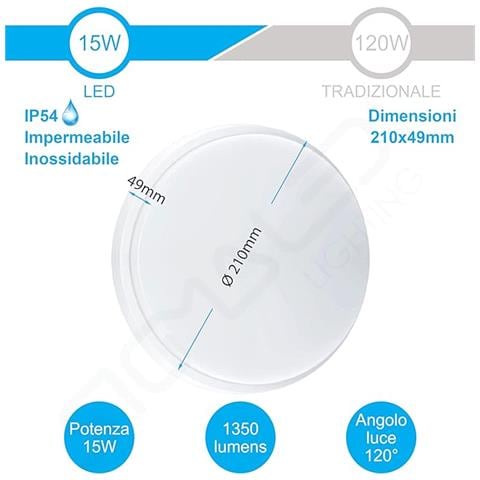 Plafoniera Led 15w - Ip54 Resistente All'acqua - Luce Bianca Calda 3000k - 1350 Lumen - Plafoniera Tonda Impermeabile Da Soffitto E Parete - Ideale Per Uso Esterno O Interno - Foto 1