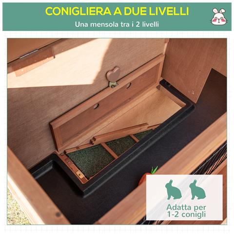 Conigliera In Legno A 2 Livelli Con Ruote, Vassoio Estraibile E Rampa, 122x50x101cm - Foto 6
