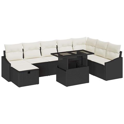 Set Divano da Giardino 9 Pezzi con Cuscini Nero Polyrattan - Foto 1