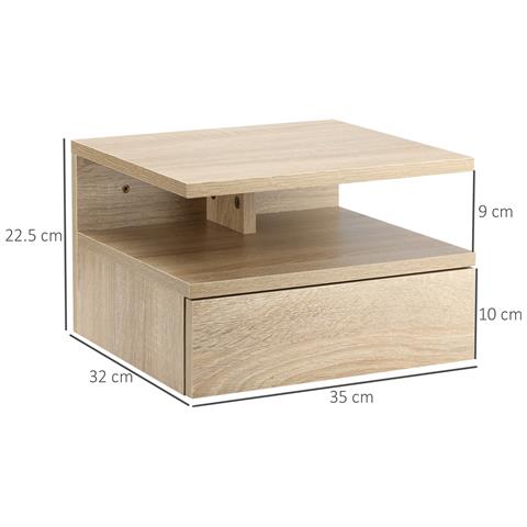 Set Da 2 Comodini Moderni Sospesi Con Cassetto E Ripiano In Legno 35x32x22.5cm, Rovere - Foto 2