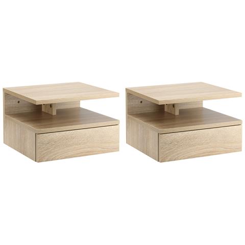 Set Da 2 Comodini Moderni Sospesi Con Cassetto E Ripiano In Legno 35x32x22.5cm, Rovere - Foto 1