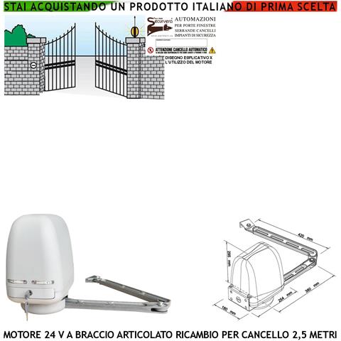 Motore A Braccio Articolato 24 Vdc Ricambio Universale Per Cancello Automatico Ad 1 Anta Battente Da 0,5 A 2,5 Metri S - Foto 1