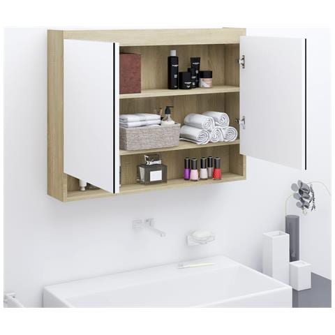 Lusso Casadino - Armadietto Bagno Con Specchio 80x15x60cm In Mdf Bianco E Rovere - Foto 8