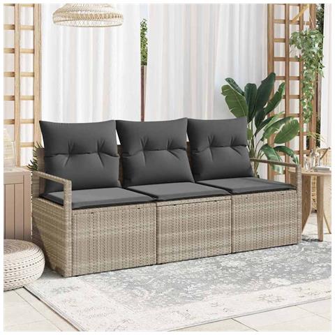 Set di divani da giardino 3 pezzi con cuscini Grigio chiaro Polyrattan, Divano da giardino 2 posti con cuscini Grigio Polyrattan - Foto 2