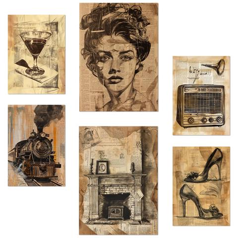 Set Di 6 Stampe Vintage Life Wine Tow Shoes Radio Donna Wine Tow Shoes Radio Donna Con Illustrazioni Di Design Negozio A3 & A4 Senza Cornice - Foto 1