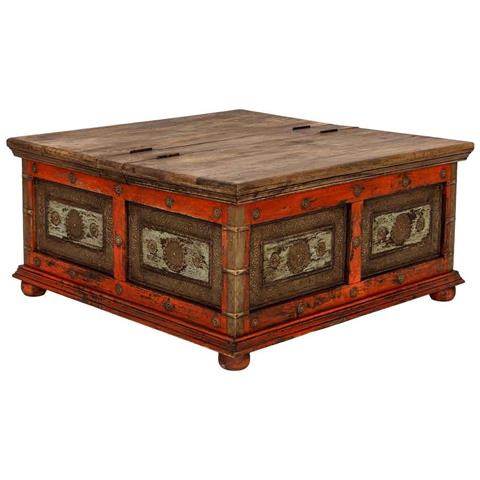 Tavolino Artigianale In Legno Rosso 100x100x47h Cm - Foto 1