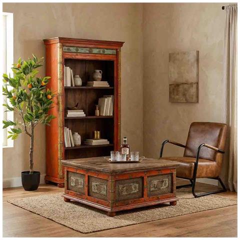 Tavolino Artigianale In Legno Rosso 100x100x47h Cm - Foto 2