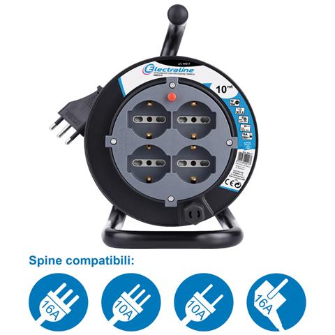 49212 Avvolgicavo 10 Mt, 4 Prese Polivalenti (schuko + 10/16a) , Spina 16a, Con Protezione, Nero - Sezione Cavo 3g1,5 Mm² - Foto 2