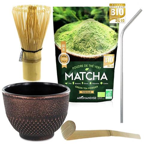 Box Tè Matcha + Frusta + Cucchiaio Di Bambù + Tazza Nera & Viola + 4 Cannucce In Acciaio Inossidabile - Foto 1