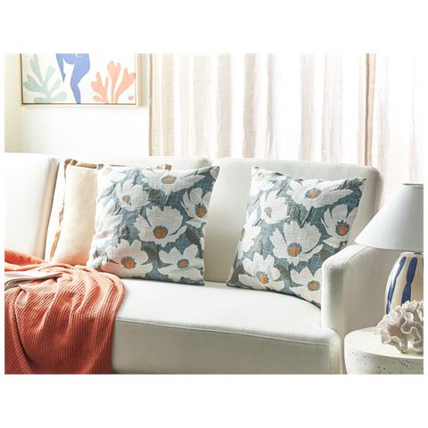 Set Di 2 Cuscini Jatropha Cotone 45 X 45 Cm Azzurro Trama Floreale - Foto 1