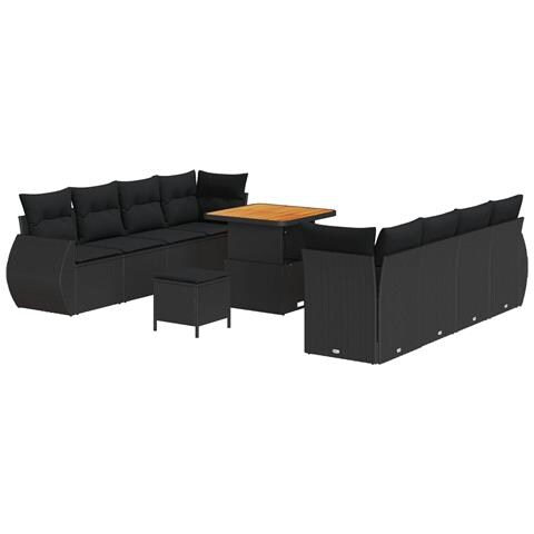 Set di Divani da Giardino da 11 Pezzi con Cuscini Nero Polyrattan Acacia,  Set di Pranzo da Giardino da 3 Pezzi con Cuscini Nero Polyrattan Acacia - Foto 1