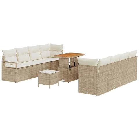 Set Divano da Giardino  11 pezzi con Cuscini Beige in Polyrattan e Acacia, Divano da Giardino  2-Persone con Cuscini Beige in Polyrattan, Set da Pranzo da Giardino  3 pezzi con Cuscini Beige in Polyrattan e Acacia - Foto 1