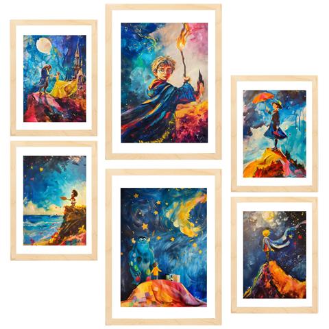 Set Di 6 Stampe Film Per Bambini Incorniciati Con Illustrazioni Di Design Per Le Pareti Del Tuo Negozio Di Pittura Per La Stanza Di Casa A3 & A4 Telaio In Legno Chiaro - Foto 1