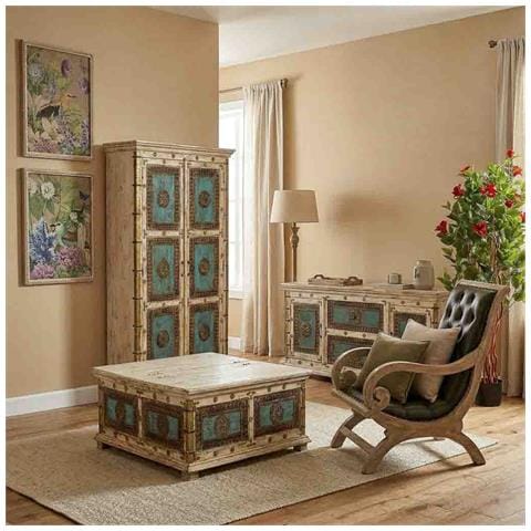 Tavolino Artigianale In Legno Bianco, 100x100x47h Cm - Foto 2