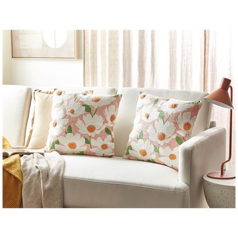 Set Di 2 Cuscini Jatropha Cotone 45 X 45 Cm Rosa Trama Floreale - Foto 1