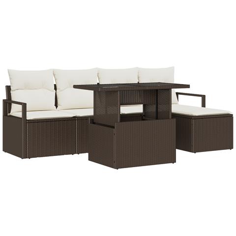 Set divani giardino 6 pezzi con cuscini polyrattan marrone, Divano giardino 2 posti con cuscini polyrattan marrone - Foto 1