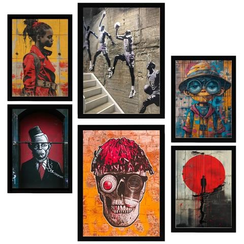 Set Di 6 Stampe Pittura Decorativa, Graffiti, Street Art, A Colori, Con Cornice E Illustrazioni. A3 & A4 Cornice Nera - Foto 1