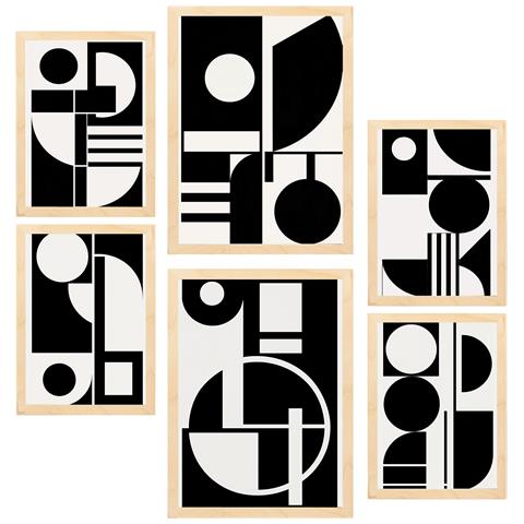 Set Di 6 Stampe Arte Geometrica Nera In Stile Bauhaus Con Cornice E Illustrazioni Di Design Per Decorare Le Pareti Della Tua Casa A3 & A4 Telaio In Legno Chiaro - Foto 1