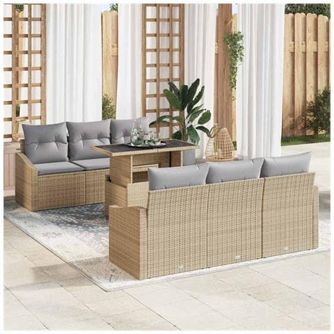 Set di divani da giardino 7 pezzi con cuscini beige in rattan - Foto 2