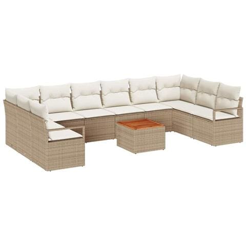 Set Divano da Giardino  11 Pezzi con Cuscini Beige Polirattan, Set Divano da Giardino  2 Posti con Cuscini Beige Polirattan - Foto 1