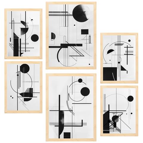 Set Di 6 Stampe Linee E Forme In Bianco E Nero Bauhaus Incorniciate Con Illustrazioni Di Design Per Le Pareti Della Tua Casa A3 & A4 Telaio In Legno Chiaro - Foto 1
