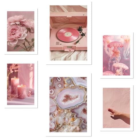 Set Di 6 Stampe Arte Decorativa, Foglio Incorniciato Rosa Con Illustrazione Di Design Per La Decorazione Della Parete Dell'ufficio Domestico A3 & A4 Senza Cornice - Foto 1