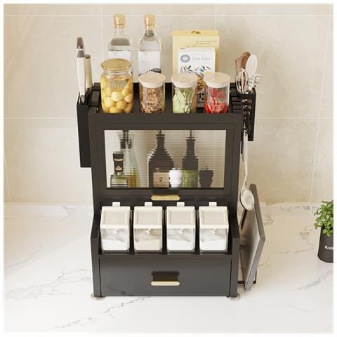 Scaffale Credenza Organizer Portaspezie Con Vetrinetta E Cassetto Metallo Nero - Foto 5