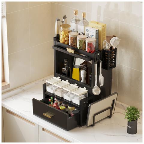 Scaffale Credenza Organizer Portaspezie Con Vetrinetta E Cassetto Metallo Nero - Foto 1