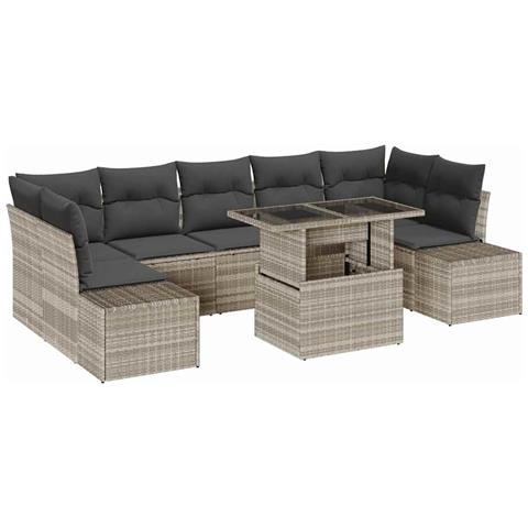 Set da giardino 8 pezzi con cuscini grigio chiaro in polyrattan - Foto 1