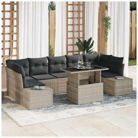 Set da giardino 8 pezzi con cuscini grigio chiaro in polyrattan - Foto 2