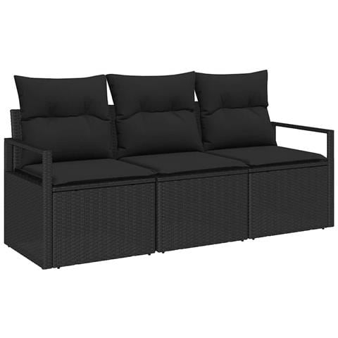 Set di Divani da Giardino  3 Pezzi con Cuscini Nero Polyrattan, Divano da Giardino 2 Posti  con Cuscini Nero Polyrattan - Foto 1