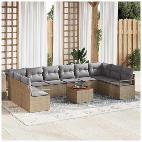Set Divano da Giardino  11 Pezzi con Cuscini Beige Poly Rattan Acacia, Divano da Giardino  2 Posti con Cuscini Beige Poly Rattan - Foto 2