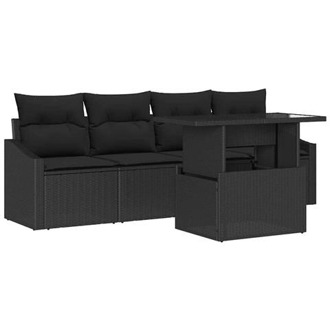 Set divano da giardino 5 pezzi con cuscini nero polyrattan - Foto 1