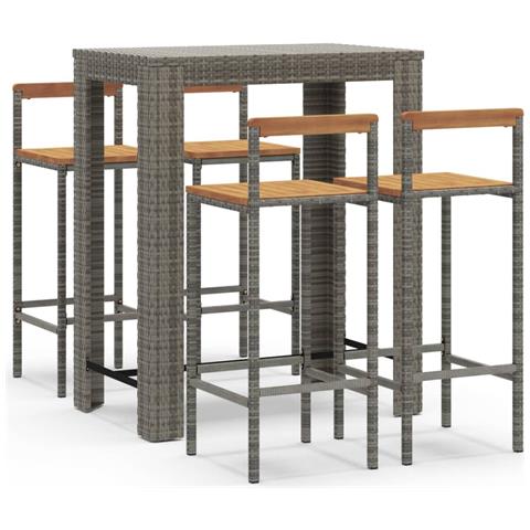 Set Bar Giardino 5pz Grigio Polyrattan e Legno Massello Acacia - Foto 1