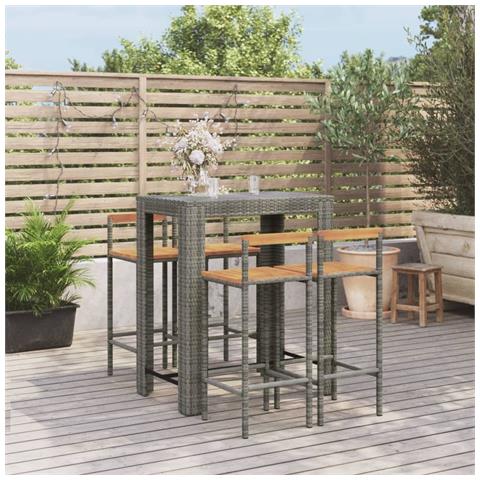 Set Bar Giardino 5pz Grigio Polyrattan e Legno Massello Acacia - Foto 2