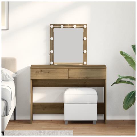 Tavolo da Toeletta con Specchio e LED Finitura Rovere Artigianale in Legno Ingegnerizzato - Foto 2