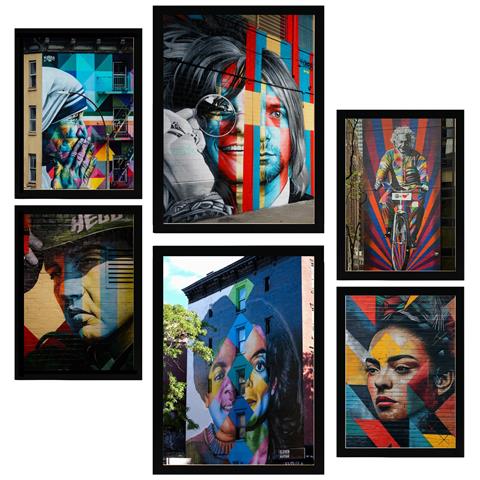 Set Di 6 Stampe Dipinto Decorativo Graffiti Street Art Nirvana Jopplin Frida Presley Incorniciato Con Illustrazioni A3 & A4 Cornice Nera - Foto 1