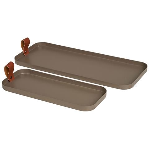 Set 2 Vassoi Rettangolari In Acciaio Marrone Con Manico In Pelle — Vikasa Home - Foto 1