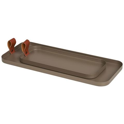 Set 2 Vassoi Rettangolari In Acciaio Marrone Con Manico In Pelle — Vikasa Home - Foto 2