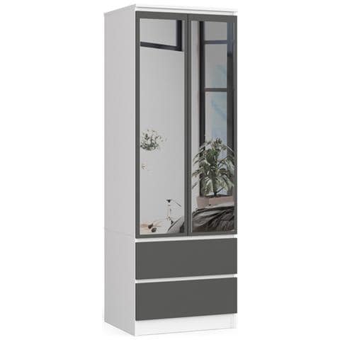 Armadio A 2 Ante Battenti E Cassetti S60 con specchio, 60x51x180 cm, Colore Bianco e Grigio Grafite - Foto 1