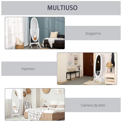 Specchio Da Terra Ovale A Figura Intera Con Inclinazione Regolabile, 47.5x45.5x154.5cm, Bianco - Foto 6