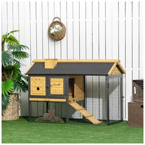 Conigliera Da Esterno A 2 Livelli In Legno Di Abete E Acciaio Con Vassoio Rimovibile, 120x55.5x80 Cm - Foto 1